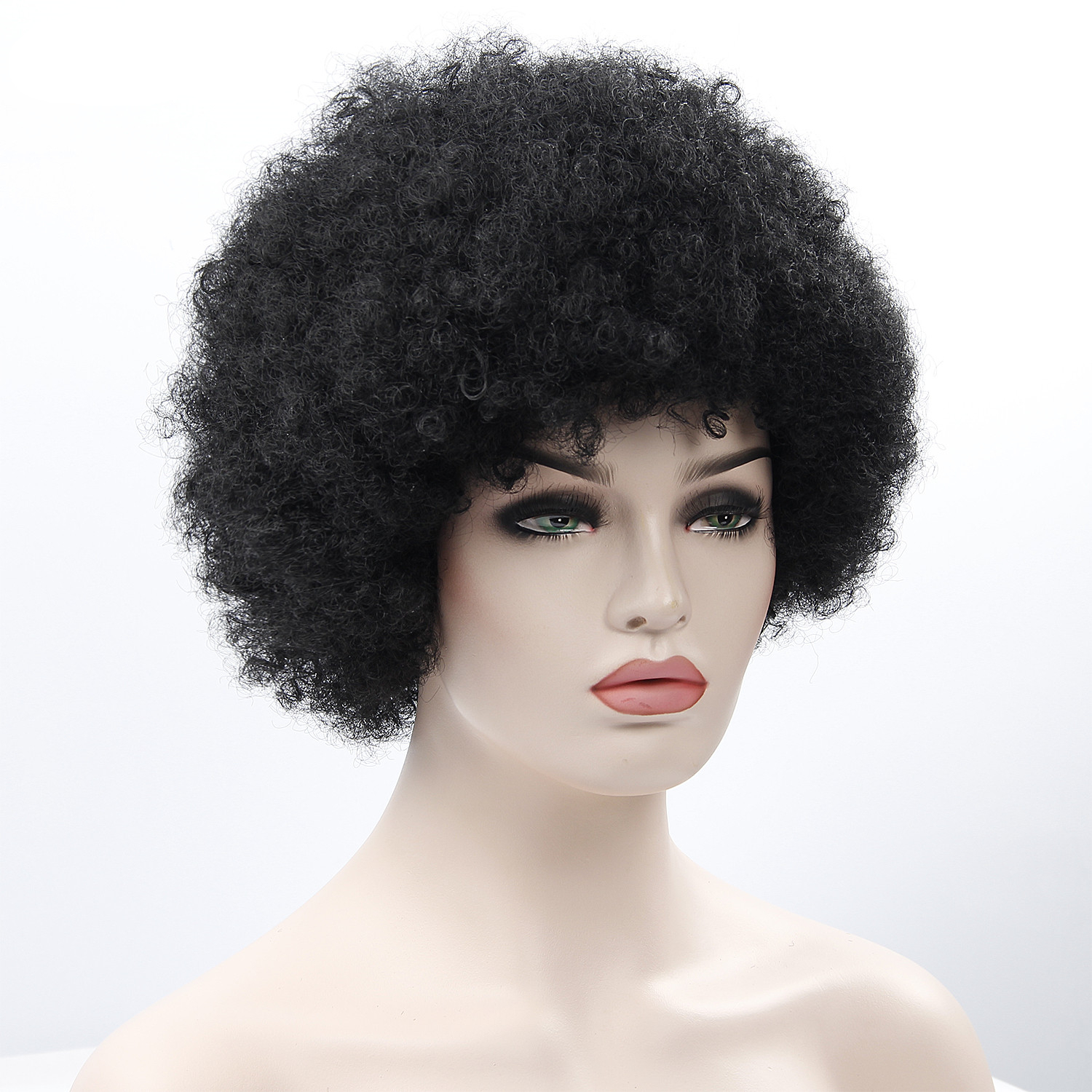 Black Short Kinky Curly Non-Lace Synthetic Hair Wig