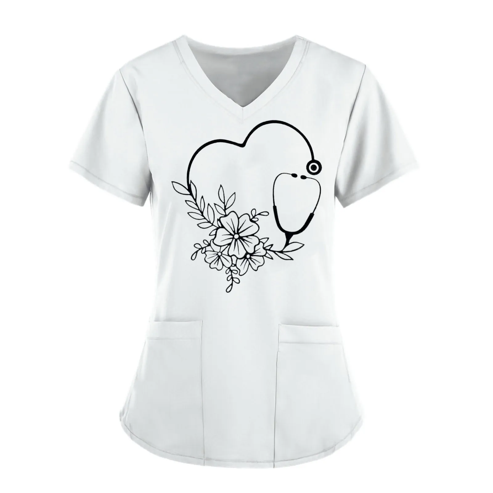 Women's Heart Print V-Neck Scrup Top