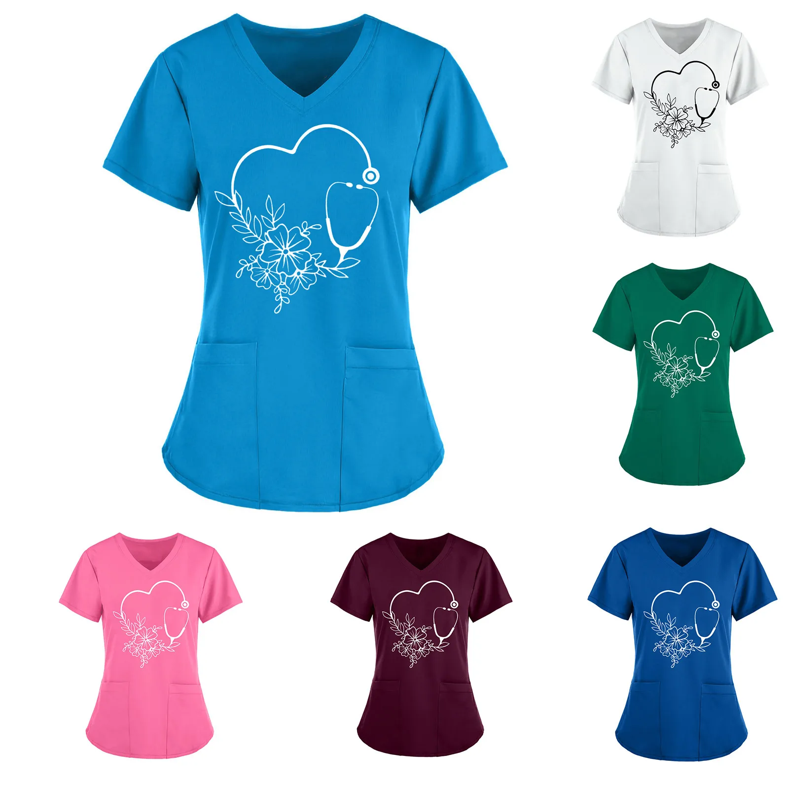 Women's Heart Print V-Neck Scrup Top