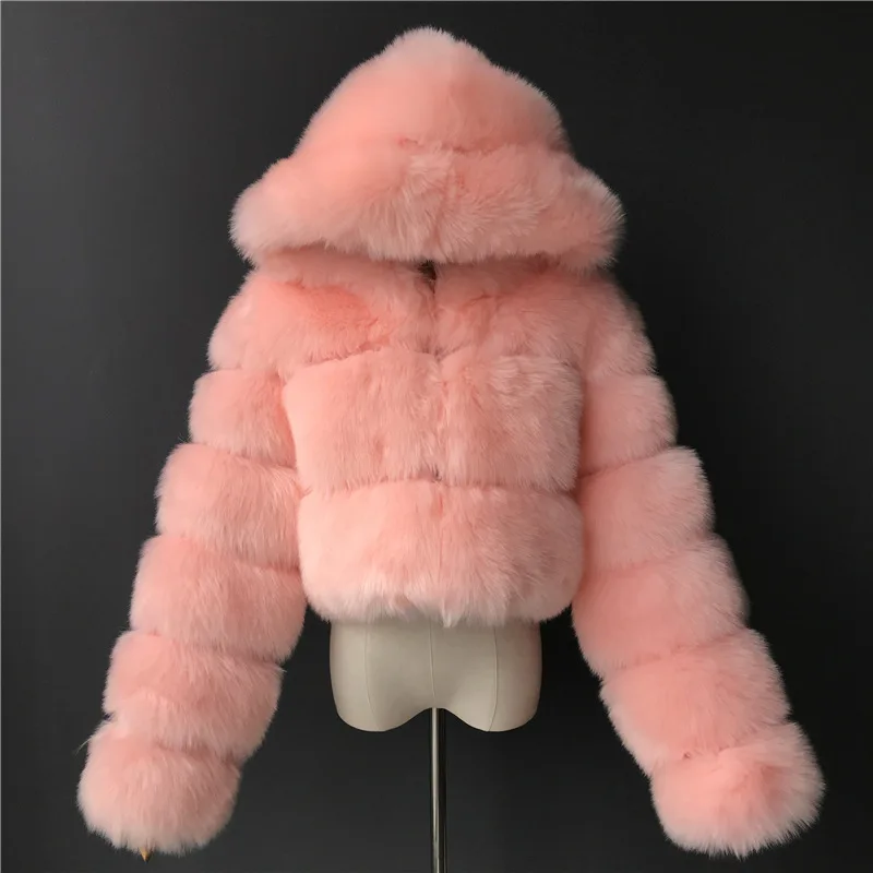 Women's Eco Fur Hooded Winter Crop Jacket