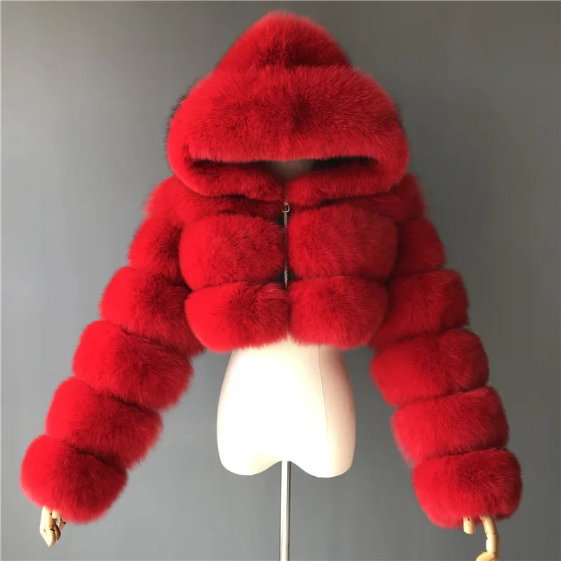 Women's Eco Fur Hooded Winter Crop Jacket