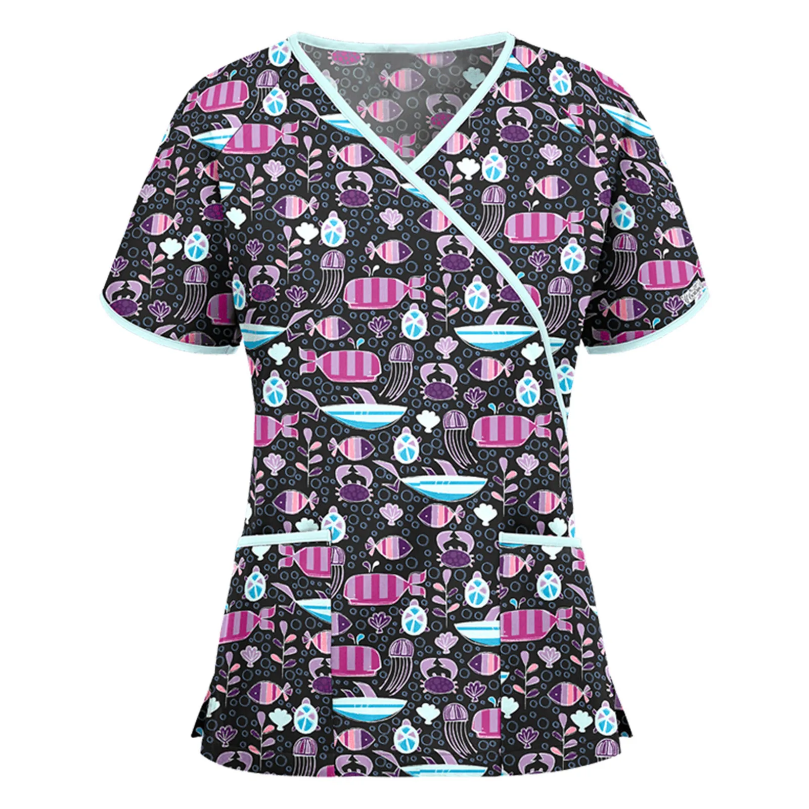 Women's Contrast Trim Printed Scrub Top