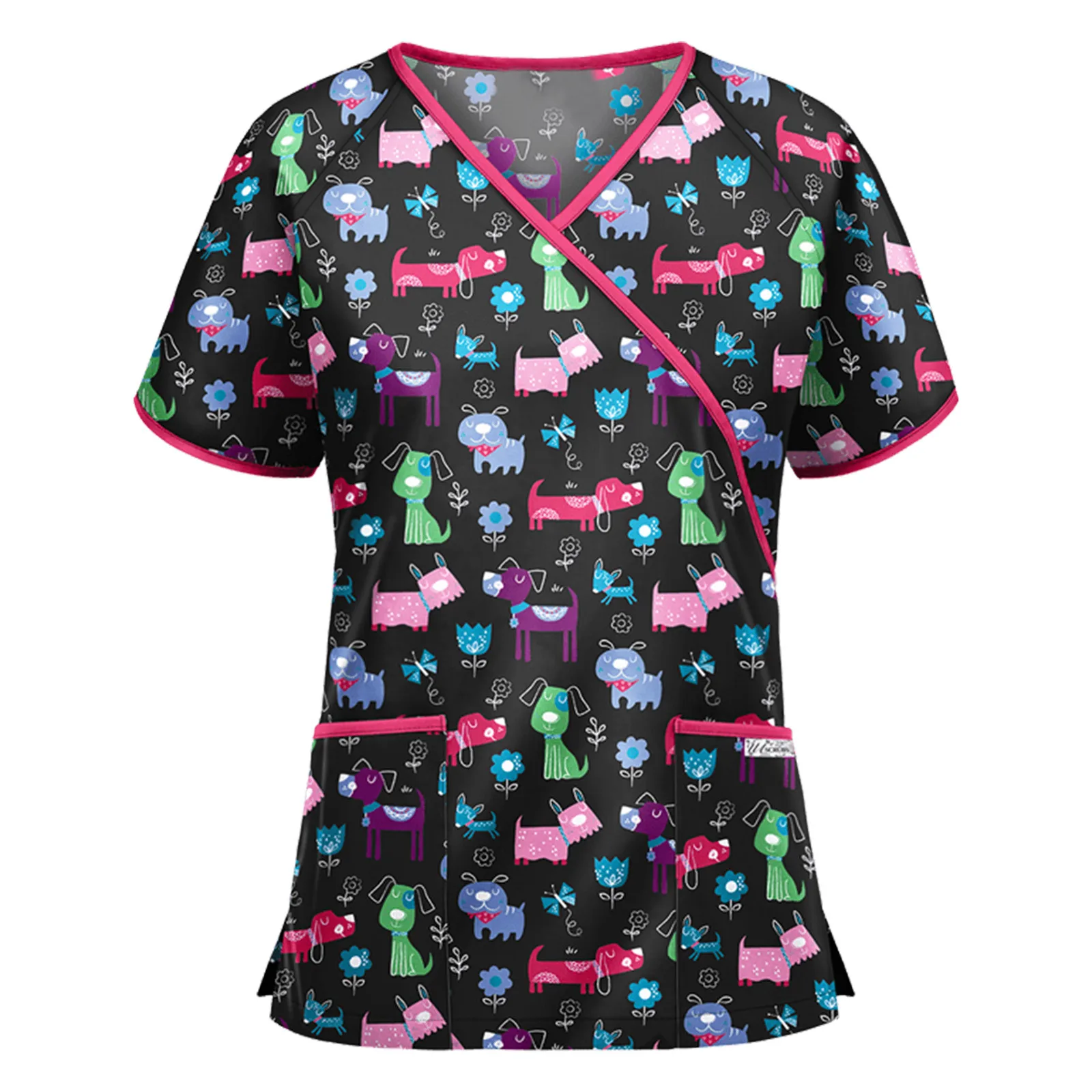 Women's Contrast Trim Printed Scrub Top