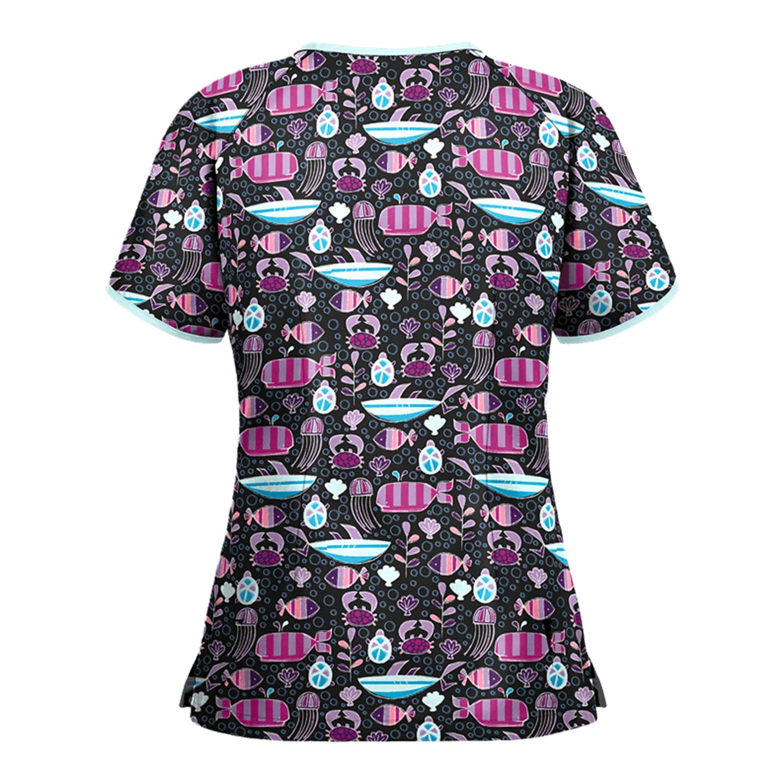 Women's Contrast Trim Printed Scrub Top