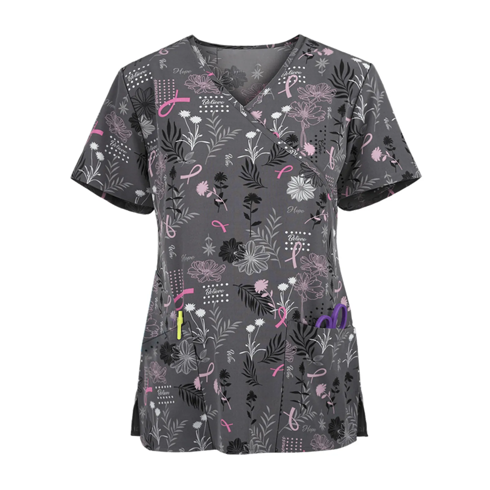 Women's Contrast Trim Printed Scrub Top